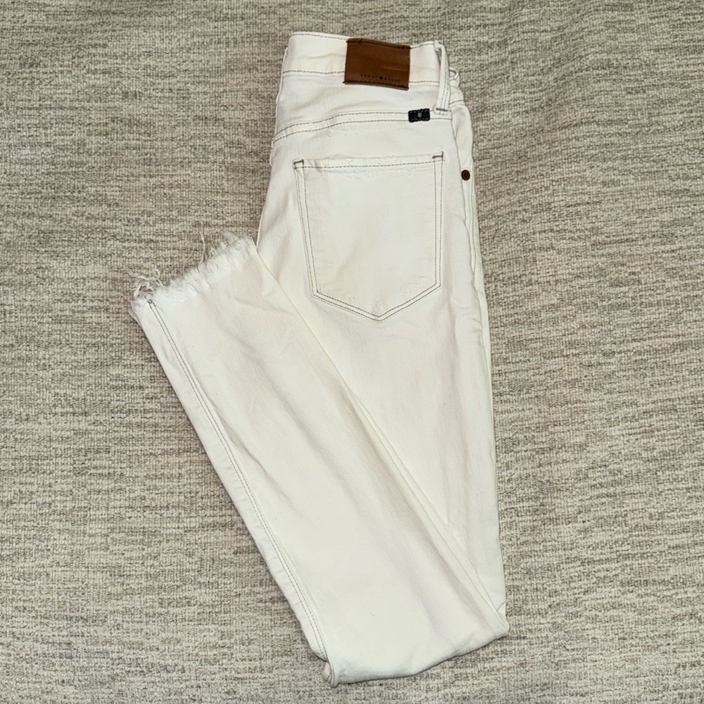 LUCKY Bridgette White Skinny Jeans, Frayed Bottoms